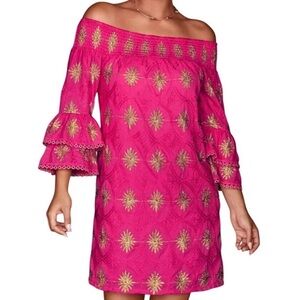 Boston Proper Womens Dress Size Hot Pink Gold Embroidered Off Shoulder BRAND NEW